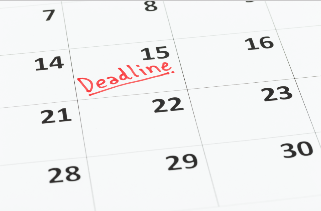 page of calendar with the word Deadline written in red on day 15 of the month warning students to check deadlines for outside scholarships